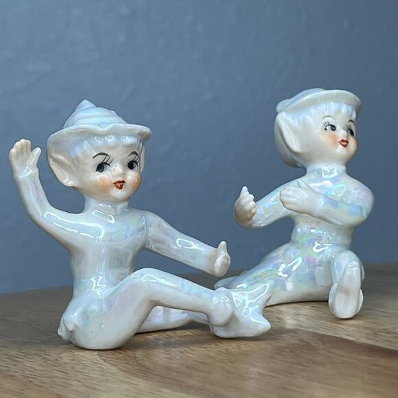Vintage LEFTON Iridescent Lusterware Porcelain Elf Pixie Candle Hugger Set of 2 - Picture 2 of 10